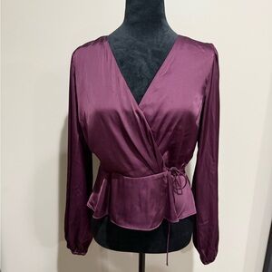 Abercrombie & Fitch Satin Wrap Tie Front Blouse in berry purple